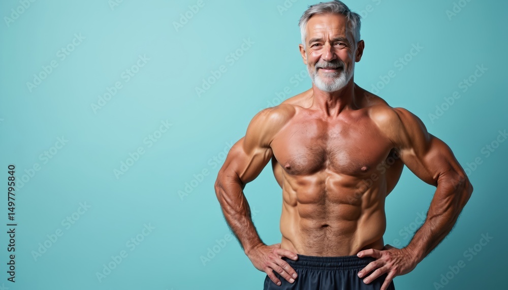 Fototapeta premium Smiling grey-haired senior man shows off muscular physique. Elderly bodybuilder posing in front of blue pastel background. Athletic mature man demonstrates six-pack abs. Healthy lifestyle active