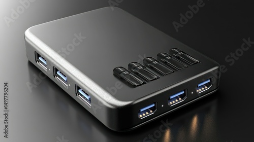 A sleek USB hub with multiple ports for easy connectivity on a dark surface.