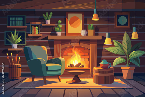Cozy Cabin Living Room with Fireplace and Plants at Night
