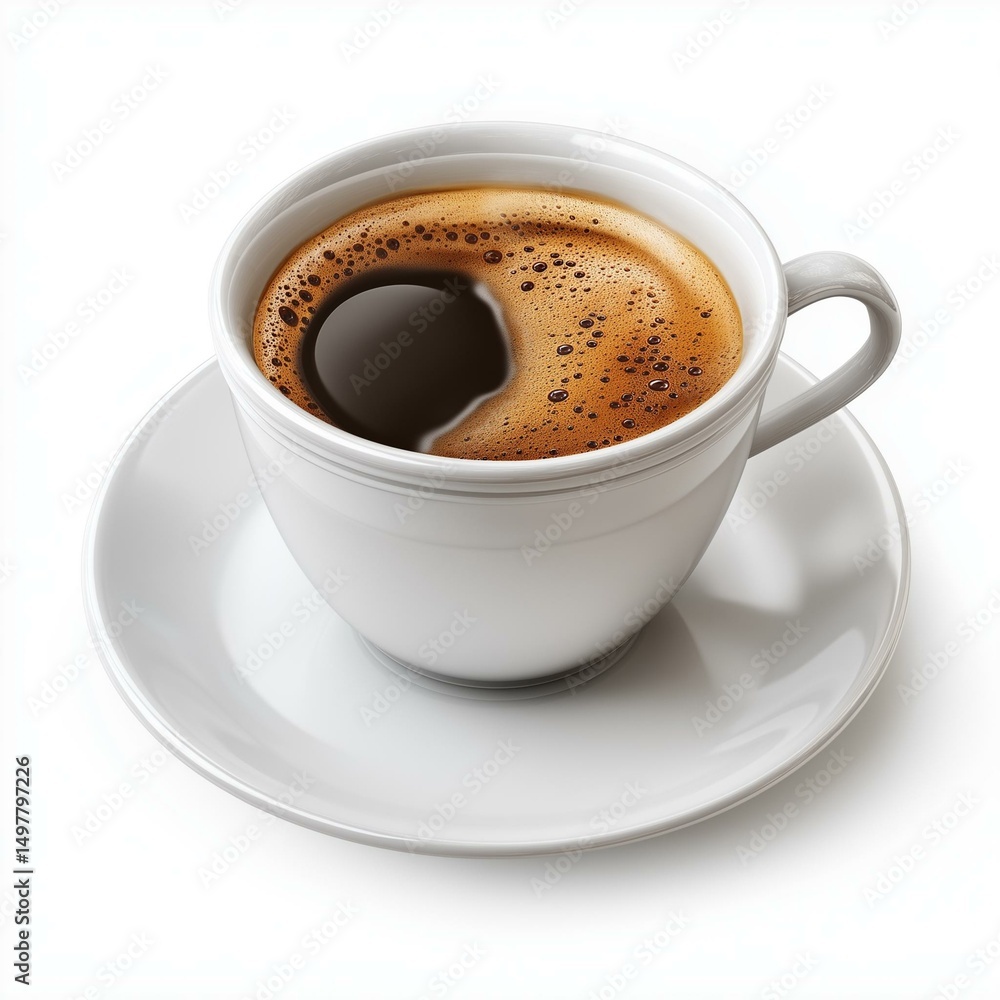 Obraz premium A steaming cup of black coffee on a white saucer, perfect for a morning boost.