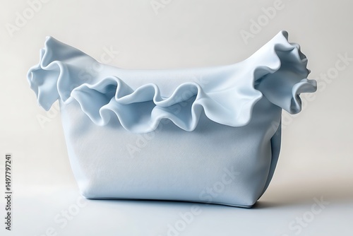 A light blue bag with ruffles on top sits on a white surface in a studio setting with soft lighting