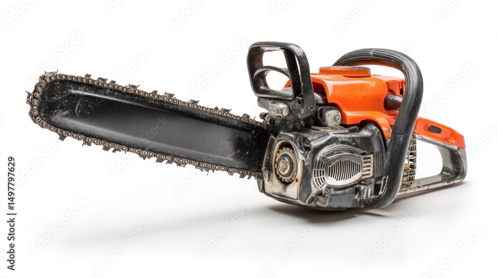 Fototapeta premium Powerful Chainsaw with Sharp Blade for Cutting Trees and Wood in Outdoor Activities and Landscaping Projects