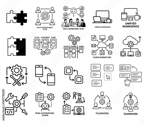 integrated growth tools concept. Workplace collaboration and workflow illustrations in black and white.