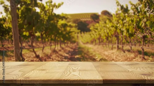 Vineyard Background with Empty Wooden Table for Product Display Sunny Day