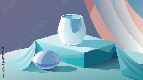 Abstract Still Life with Teal Cube Glass Sphere and Vase