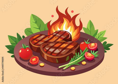 Grilled Steak with Tomatoes and Rosemary on a Plate