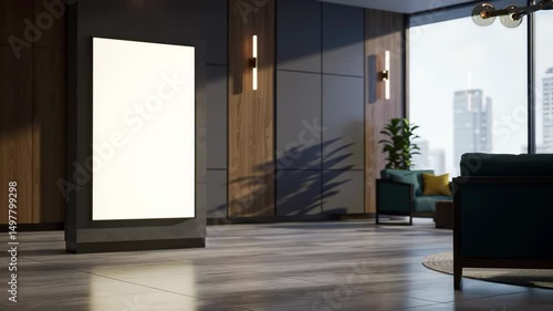 Modern Lobby Interior Mockup with Blank Poster and City View