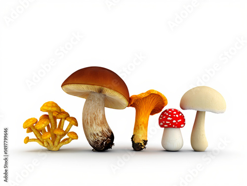 Realistic 3D Vector Set of Mushrooms Including Honey Fungi, Boletus, Chanterelle, Fly Agaric, and Champignon on White Background