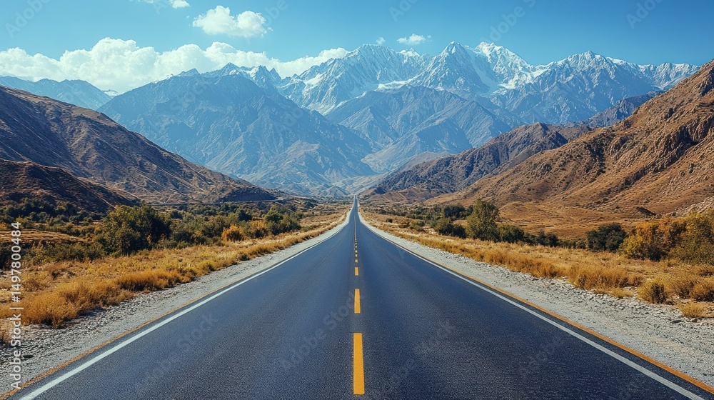Fototapeta premium Mountain Road Stretching Towards Snowy Peaks