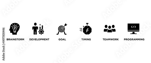 Hackathon banner web icon vector illustration concept for design sprint-like social coding event with icon of brainstorm, development, programming, timing, speed, teamwork, and goal