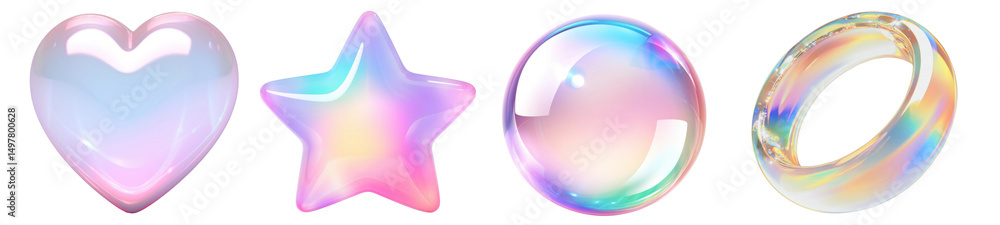 Obraz premium PNG Colorful iridescent 3D shapes, element set on transparent background