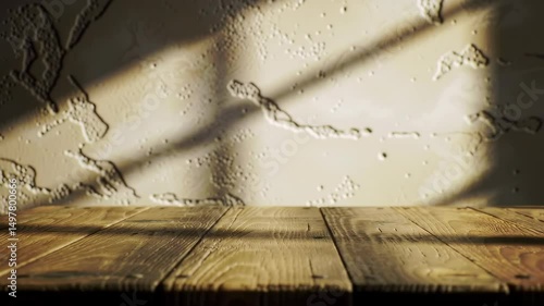 Empty Wooden Table Background with Sunlight and Textured Wall Product Display