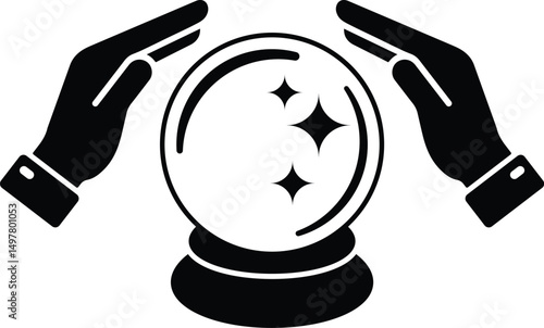 Mystic Minimalist Crystal Ball Illustration with Divination Hands and Stars