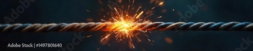 A frayed electrical wire, sparking and about to ignite, symbolizes the volatile nature of pent-up aggression and the potential for sudden eruption of violence , burn, safety, caution