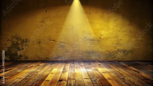 A single spotlight illuminates a rustic wooden floor in front of a textured yellow wall.