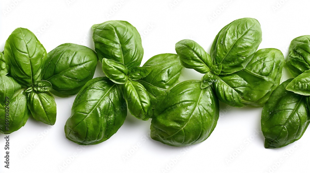 Fototapeta premium Fresh Basil Leaves Arranged in Row Isolated on White Background