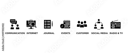 Public relations - pr banner web icon vector illustration concept with icon of communication, internet, journal, events, radio, tv, social media, and customer