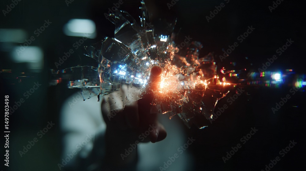 A fingertip reaching towards a shattered glass surface with glowing effects A fingertip reaching towards a shattered glass surface with glowing effects