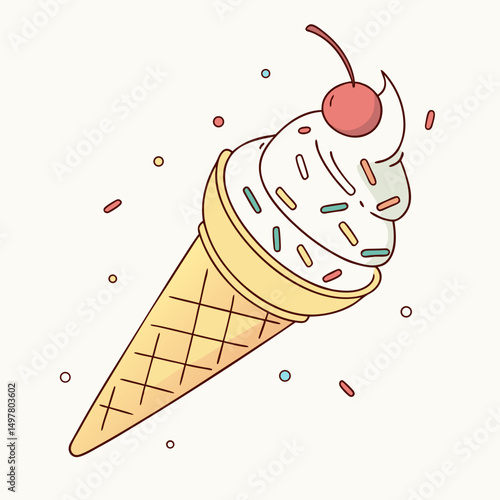 Delicious ice cream cone with sprinkles and cherry