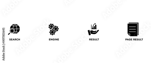 SERP banner web icon vector illustration concept for search engine result page with icon of web search, computer, search engine, mobile search, page result, and statistics graph
