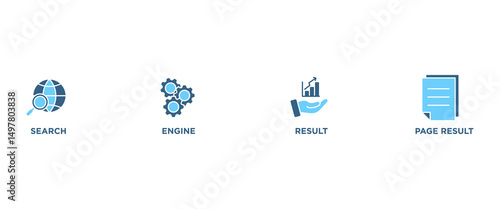 SERP banner web icon vector illustration concept for search engine result page with icon of web search, computer, search engine, mobile search, page result, and statistics graph