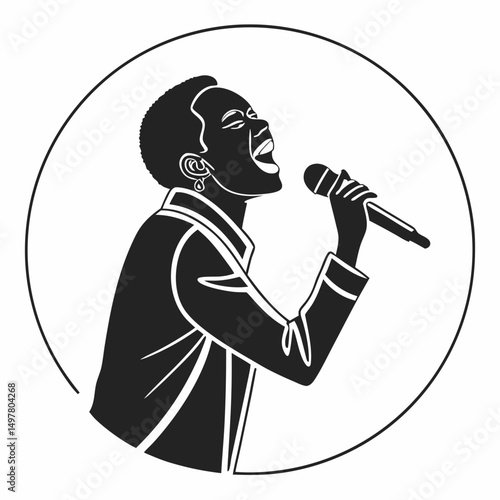 Black woman singing into microphone profile view
