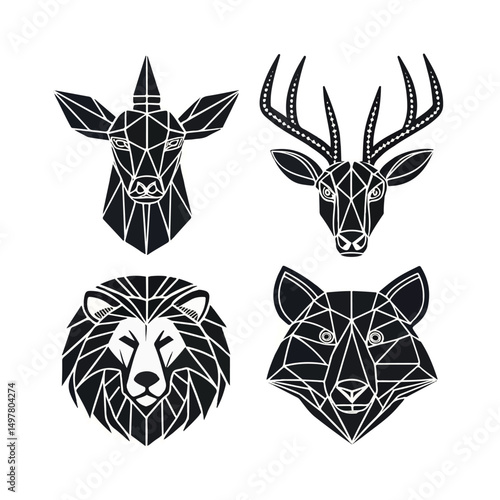 Set of Geometric abstract animals. Black animals on white background. Trendy mono line vector design