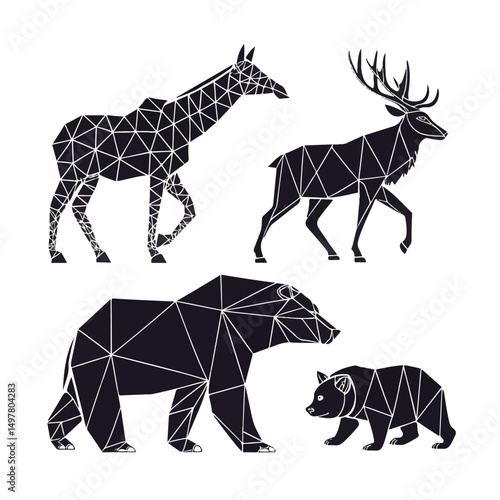 Set of Geometric abstract animals. Black animals on white background. Trendy mono line vector design