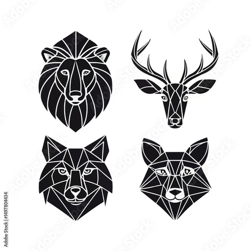 Set of Geometric abstract animals. Black animals on white background. Trendy mono line vector design