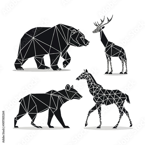 Set of Geometric abstract animals. Black animals on white background. Trendy mono line vector design