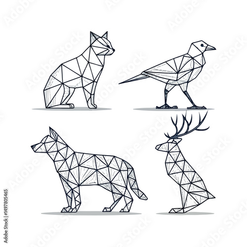 Set of Geometric abstract animals. Black animals on white background. Trendy mono line vector design