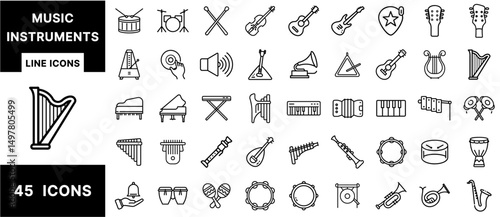 Musical Instruments Line Icons Set – Guitar, Piano, Drum, Saxophone, Violin, Trumpet, Harp, Flute, and Percussion Symbols for Music Design and Education