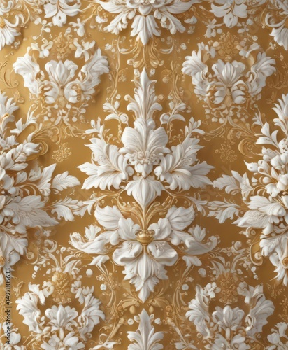 Elegant gold & white floral damask, seamless pattern, photography, rococo