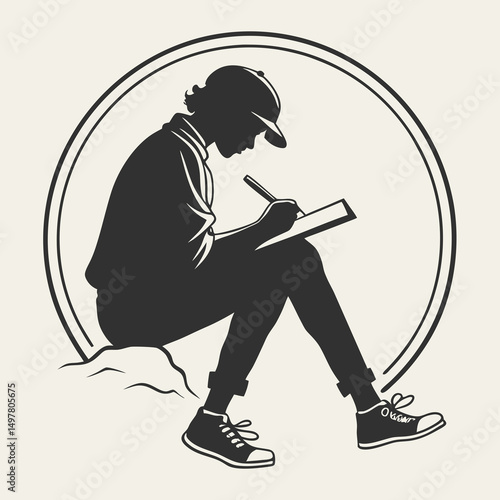 Young person writing in notebook outdoor silhouette
