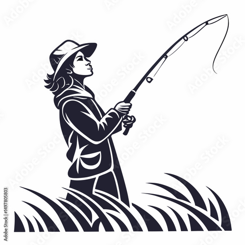 Young woman fishing in tall grass silhouette