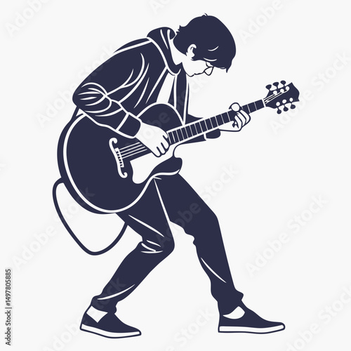Young man playing acoustic guitar energetic performance music