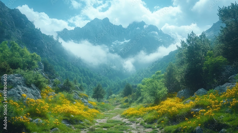 Naklejka premium Mountain Valley Path Blooming Wildflowers Sunny Day