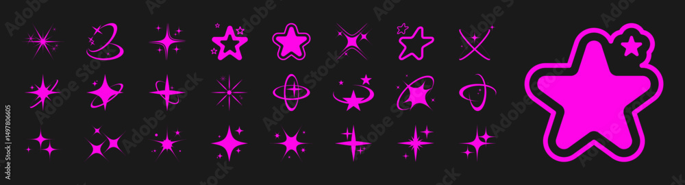 Aesthetic pink sparkle y2k icon, sign set. Stars, sparks, shine, galaxy, starburst retro collection. Design shiny elements, shapes for a poster, banner, background, stickers. Vector illustration.