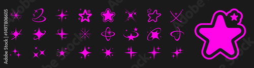 Aesthetic pink sparkle y2k icon, sign set. Stars, sparks, shine, galaxy, starburst retro collection. Design shiny elements, shapes for a poster, banner, background, stickers. Vector illustration.