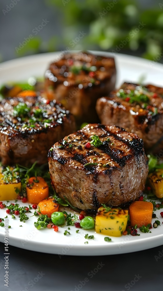 Four grilled meat medallions atop roasted root vegetables and herbs on a white plate Four grilled meat medallions atop roasted root vegetables and herbs on a white plate