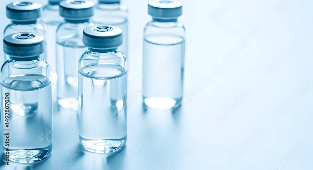 multiple vials with clear liquid on a white background, with a light blue color theme. The vial is filled to the brim with transparent fluid multiple vials with clear liquid on a white background, with a light blue color theme. The vial is filled to the brim with transparent fluid