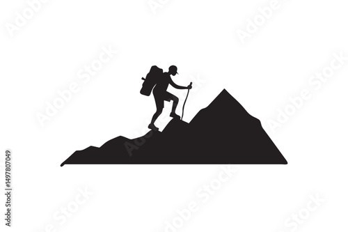 Silhouette of a person hiking up a mountain Illustration, Isolated on White Background.