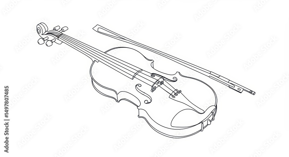 Obraz premium Violin and Bow Line Art: Musical Instrument Sketch, Classical Music Vector Illustration