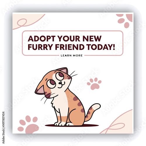 Adopt, don't shop! Creative square banner template. Naive illustration with young woman, who hugging her adopted dog with big heart on background. Flat style. Kawaii clip art with french bulldog.