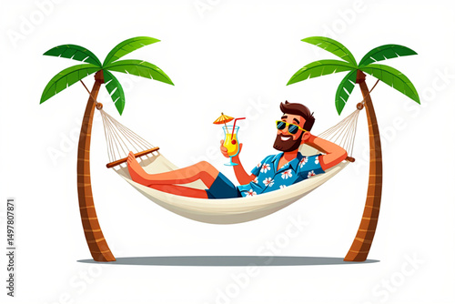 Vector Illustration of Relaxed Resort Tourist Man Drinking Cocktail While Lying in Hammock on White Background