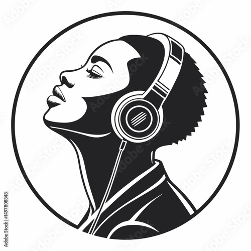 Woman listening to music headphones black and white illustration