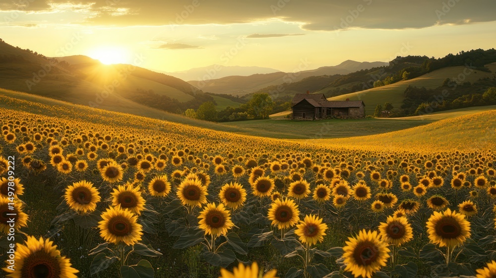 Obraz premium A serene field of sunflowers under a golden sunset with rolling hills.