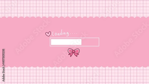 Aesthetic style loading screen illustration. Kawaii style pink background with pink ribbon. 