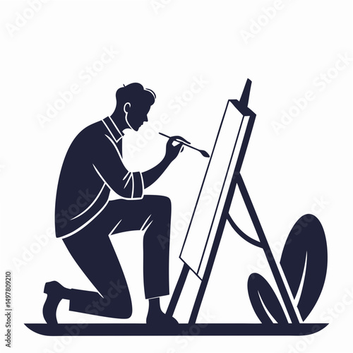 Professional artist painting on canvas isolated cutout illustration