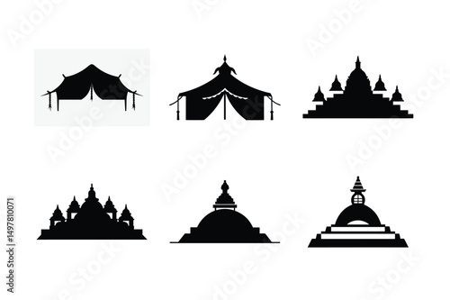A vector illustration of Christmas trees and icons set against a sky with ancient Asian temple architecture